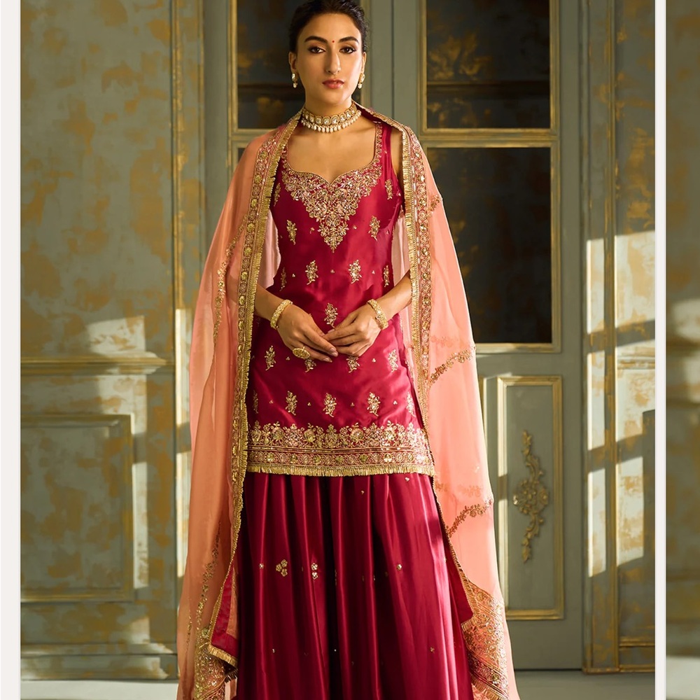 Embellished Red and Pink Palazzo Pants for Wedding Guest